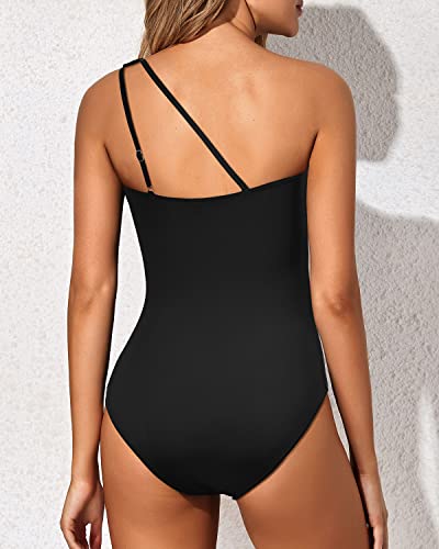 One Shoulder One Piece Swimsuit For Women Tummy Control Bathing Suits-Black
