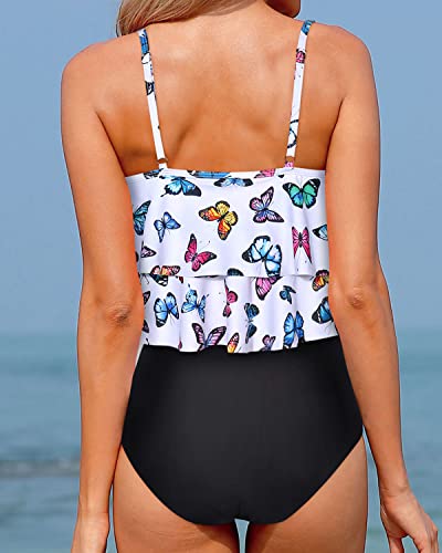 Two Piece Tummy Control Tankini Swimsuits For Teen Girls-White Butterfly
