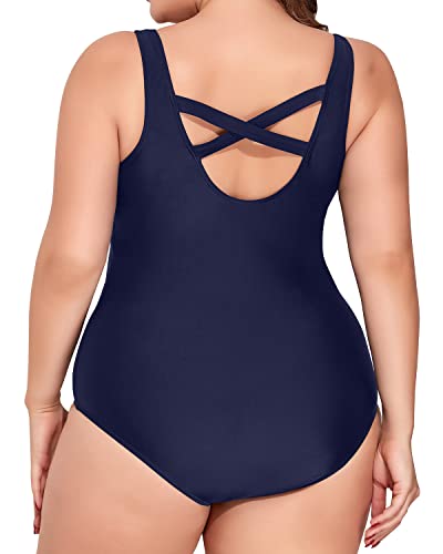 Backless Women's Sarong Front Swimming Suit Plus Size-Navy Blue