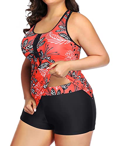 Athletic Racerback Plus Size Tankini Top With Boy Shorts For Women-Red Floral
